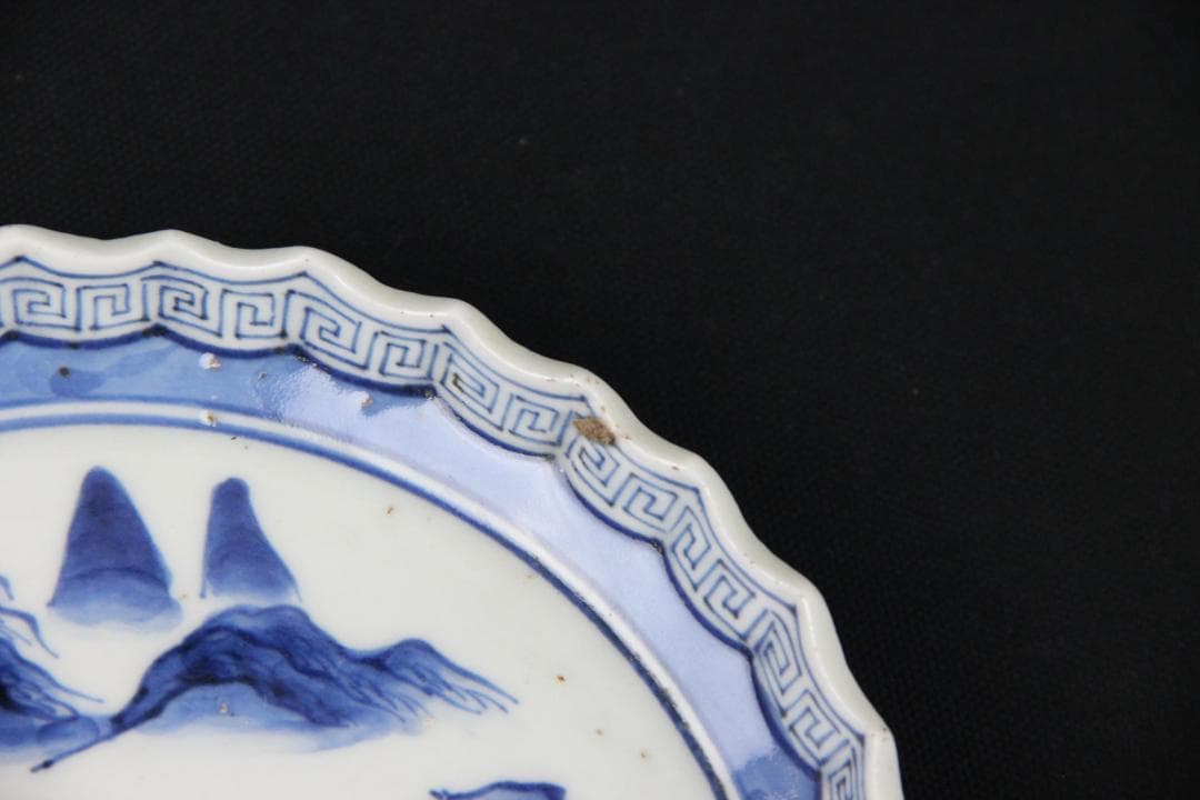 古伊万里 染付 山水 五枚 菓子皿 風景絵 江戸明治期 補修済み Eo21-7