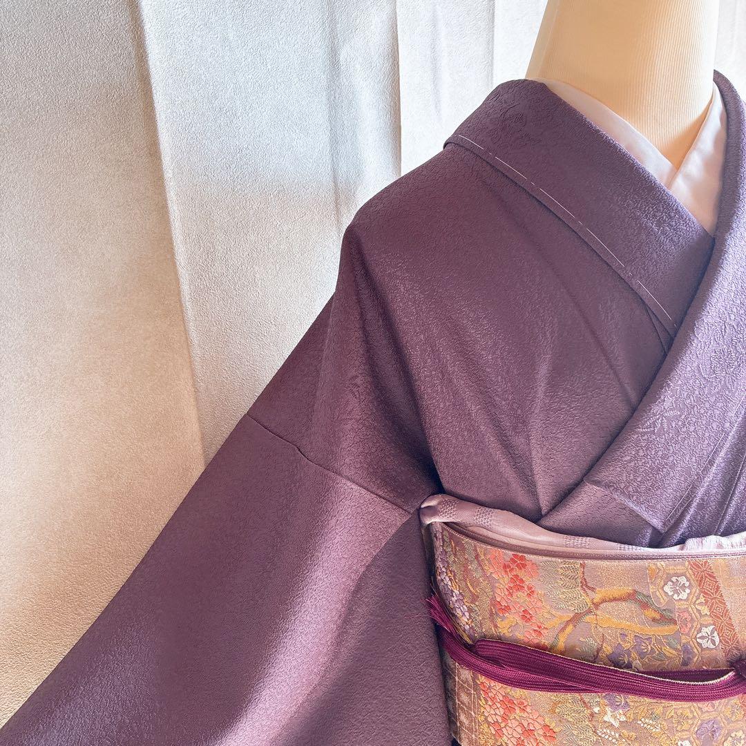 色無地　フルセット　着物　正絹　しつけ糸付き　紫　花丸文様　G8