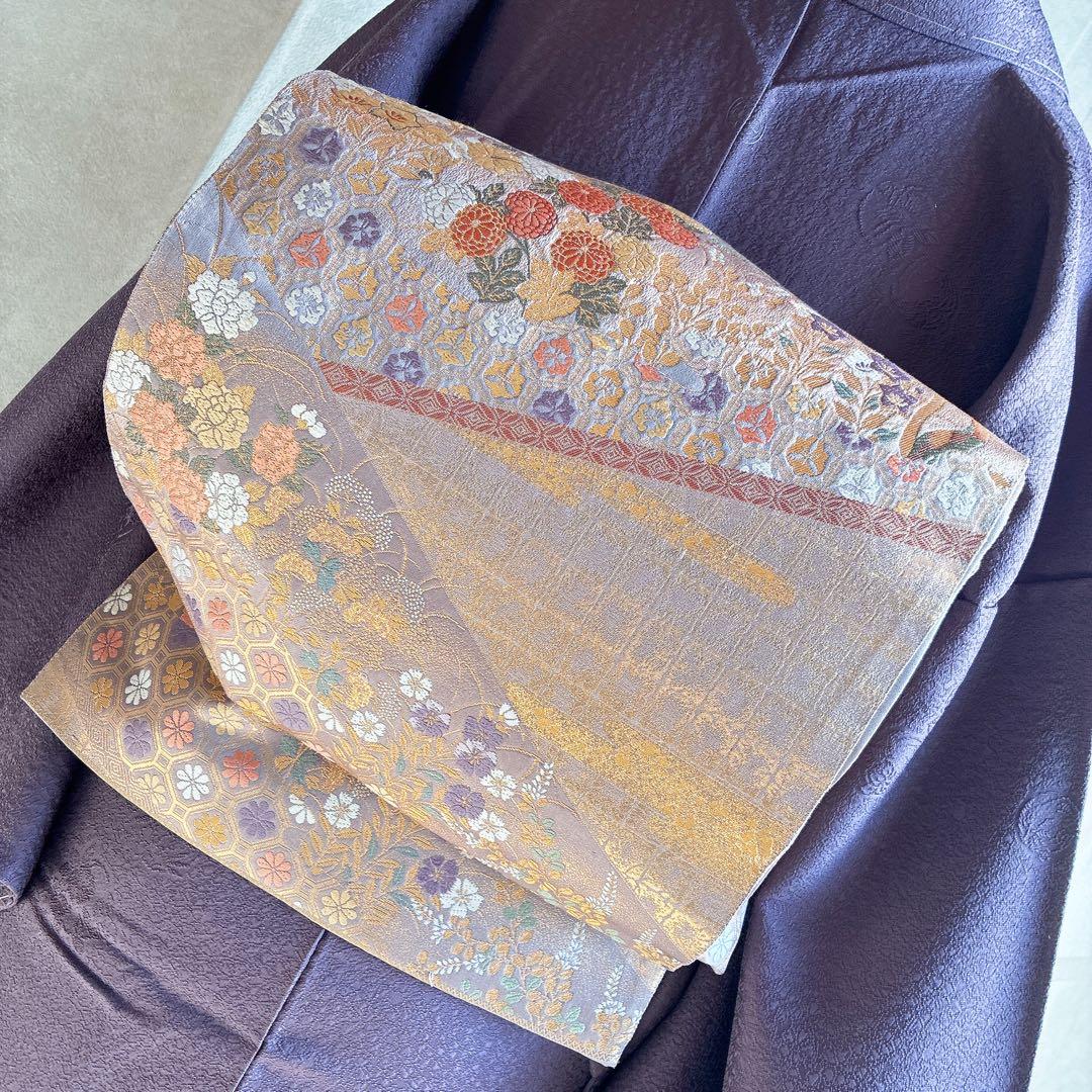 色無地　フルセット　着物　正絹　しつけ糸付き　紫　花丸文様　G8