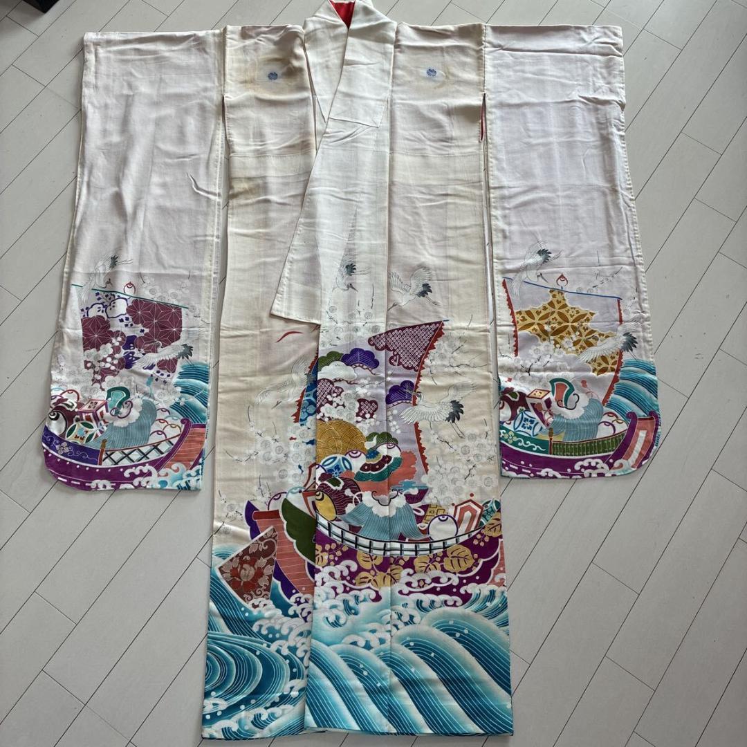 ■E5029■アンティーク■正絹縮緬■大正ロマン　五つ紋　宝船と鶴柄　袷　振袖■