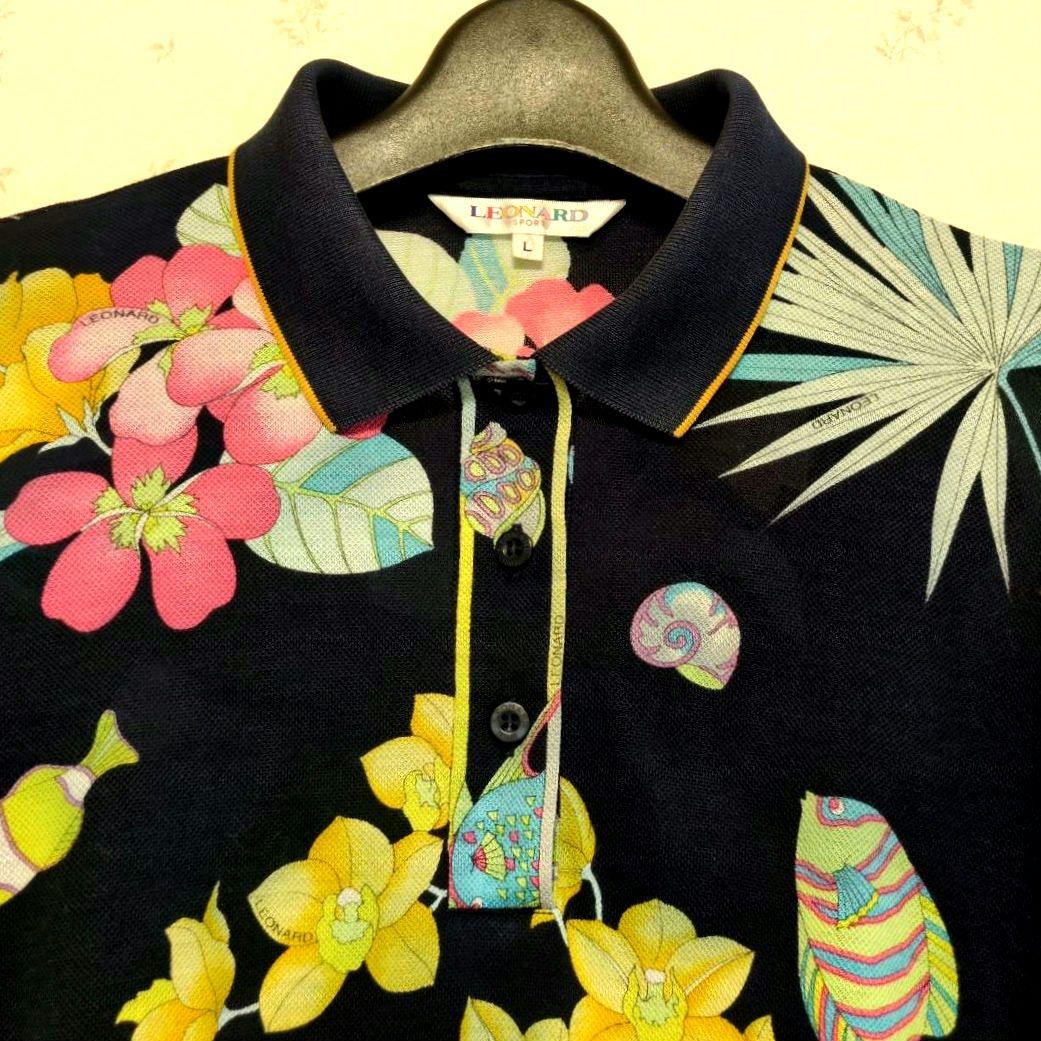 REONARD SPORT レオナール　熱帯魚とシンビジューム 長袖ポロシャツ