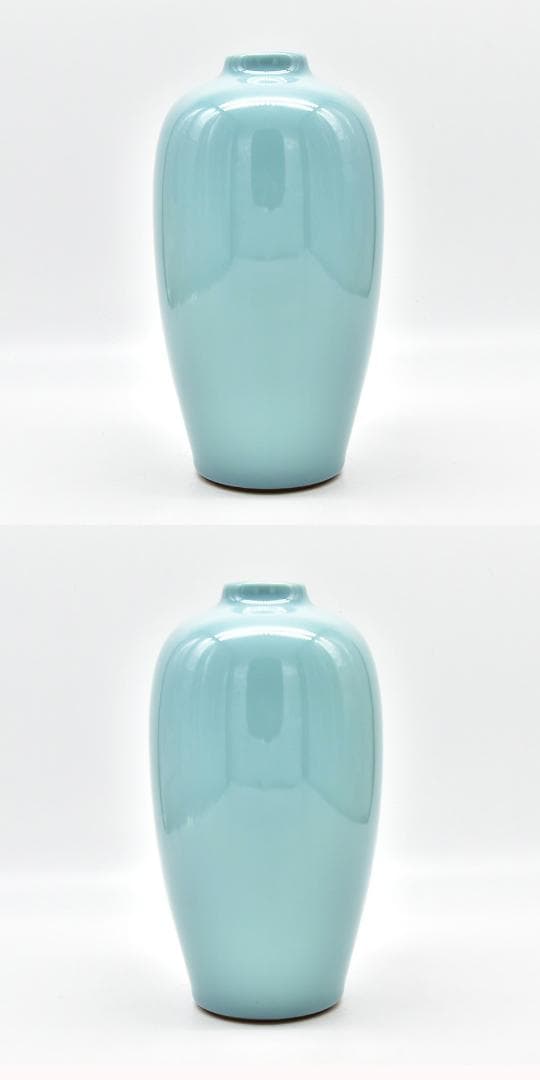 京焼匠 森野喜光 作 青磁花瓶 H26cm 巾14cm 共箱 黄布 茶道具