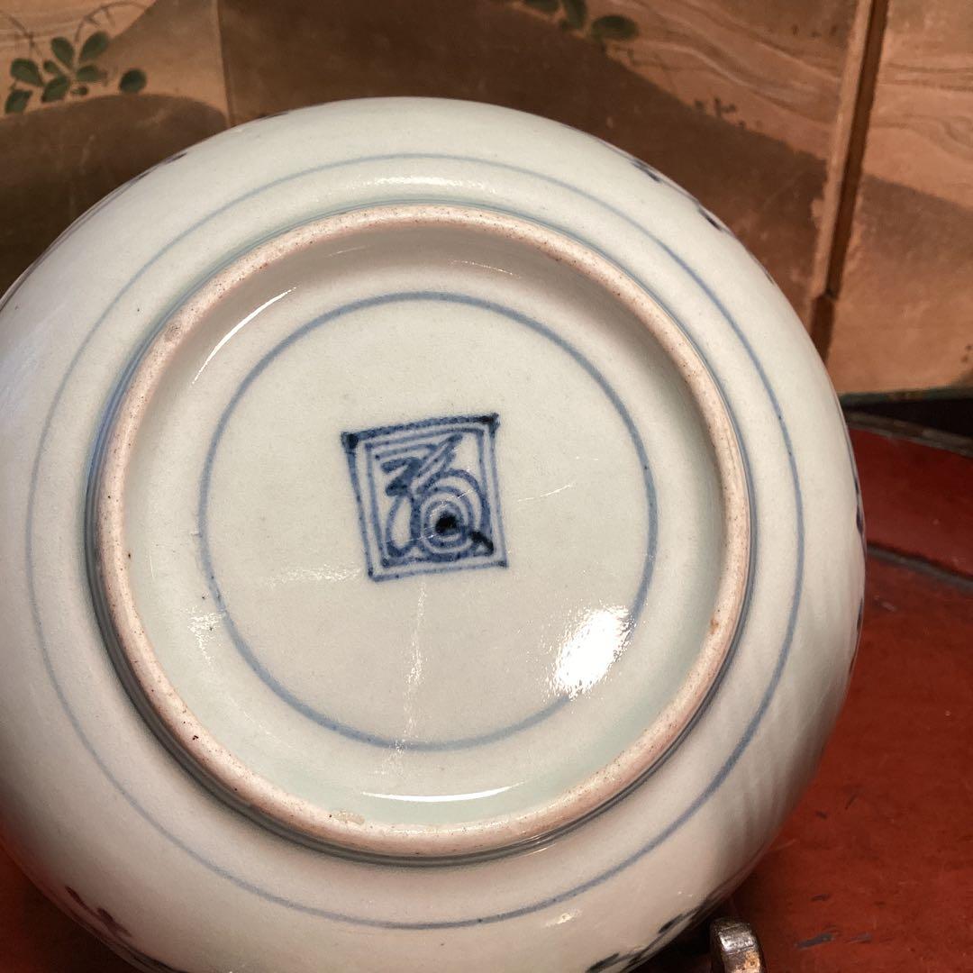 A996❷古伊万里　染付（柿右衛門）花唐草　見込栗紋様　輪花型　膾皿　1枚