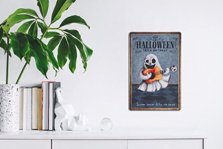 デザイン看板 A4】ハロウィン飾りお化けギター★ポスター絵お化け音楽インテリア