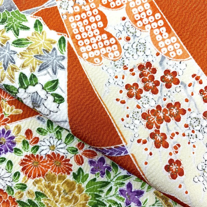 512ag33□七五三 七歳 女児 着物&袋帯 ちりめん地 扇 オレンジ□美品