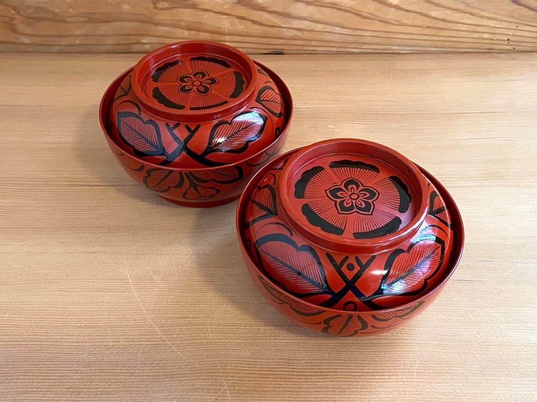 能登に伝わる古民芸 朱漆 扶養手 煮物椀 2客 / 朱漆 漆器椀 懐石椀 菓子椀