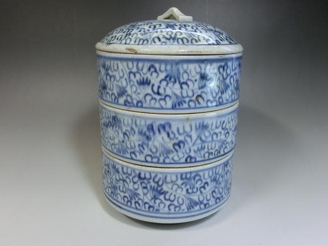 鉢■微塵唐草重鉢 蓋物 三段重鉢 古伊万里染付 菓子器 時代物 江戸期 骨董品■