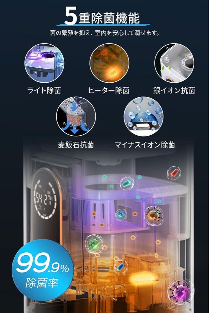 ハイブリッド式加湿器　超音波　加熱　9L大容量　タワー型　5重除菌　上から給水