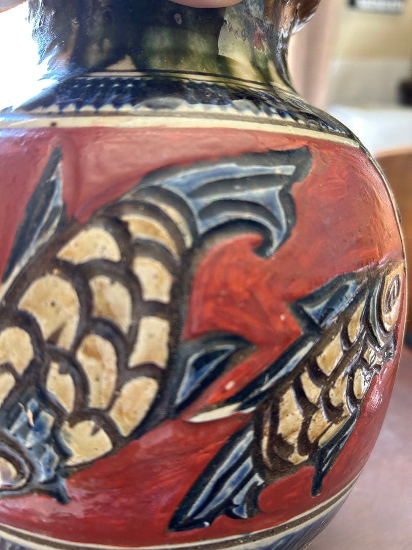 壺屋焼 小橋川清正氏 壺 赤絵 双魚 花瓶 ☆レア