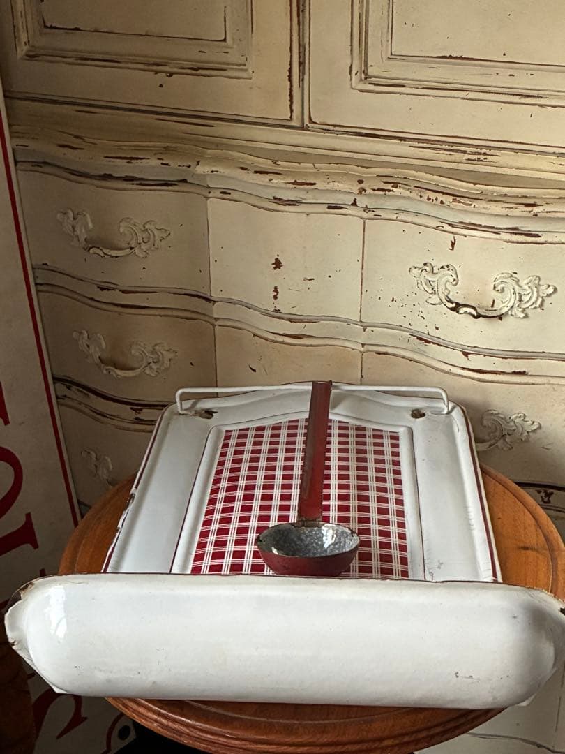 フランス　アンティーク　ホーロー　レードルラック　BB社　チェック　レードル付き