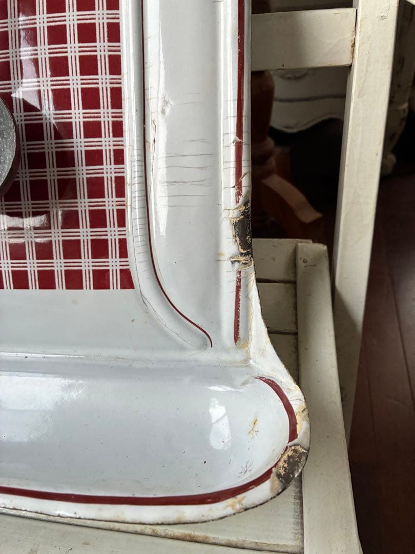 フランス　アンティーク　ホーロー　レードルラック　BB社　チェック　レードル付き