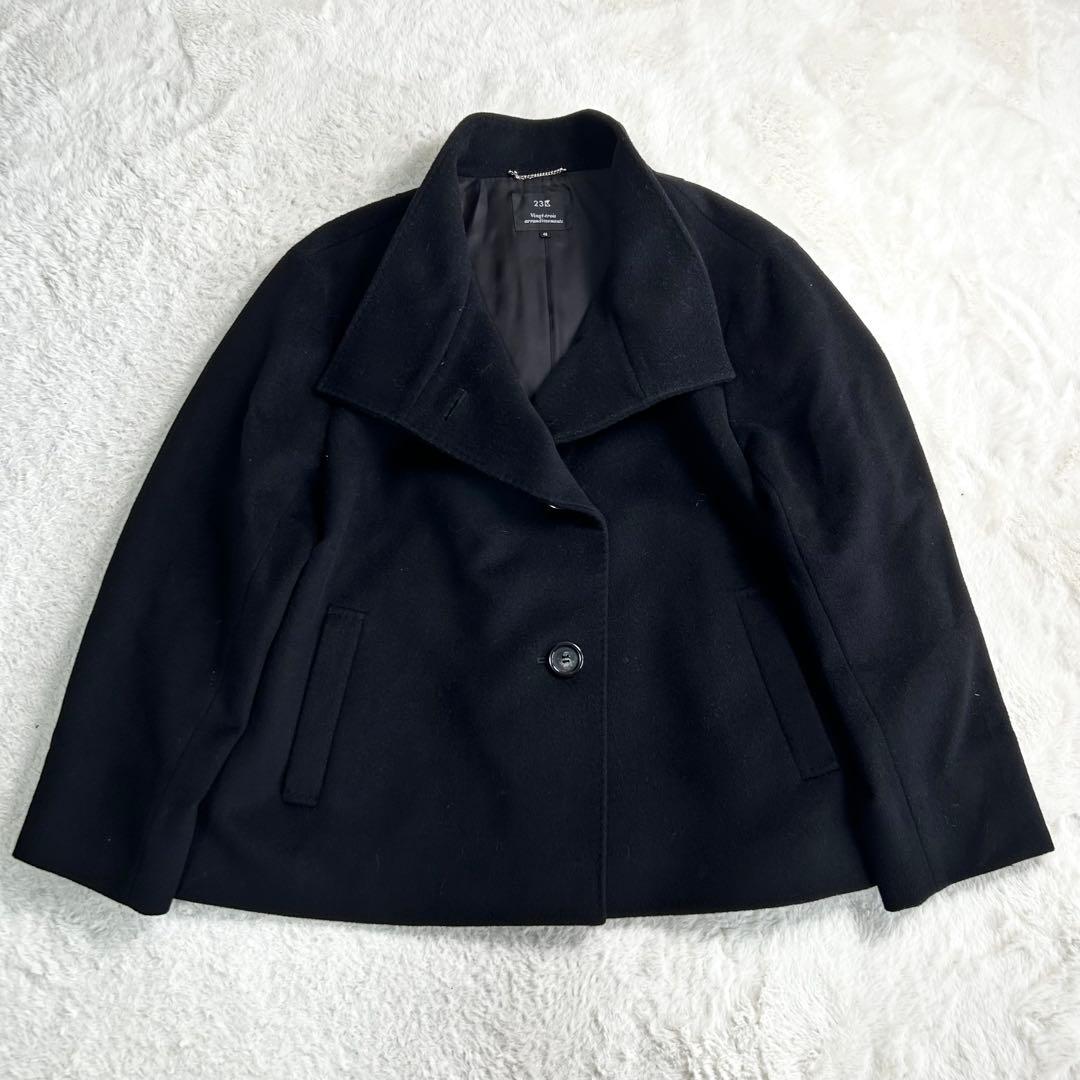 23区　ポンチョ風　アンゴラ混　スタンドカラー　ショートコート　黒　48サイズ