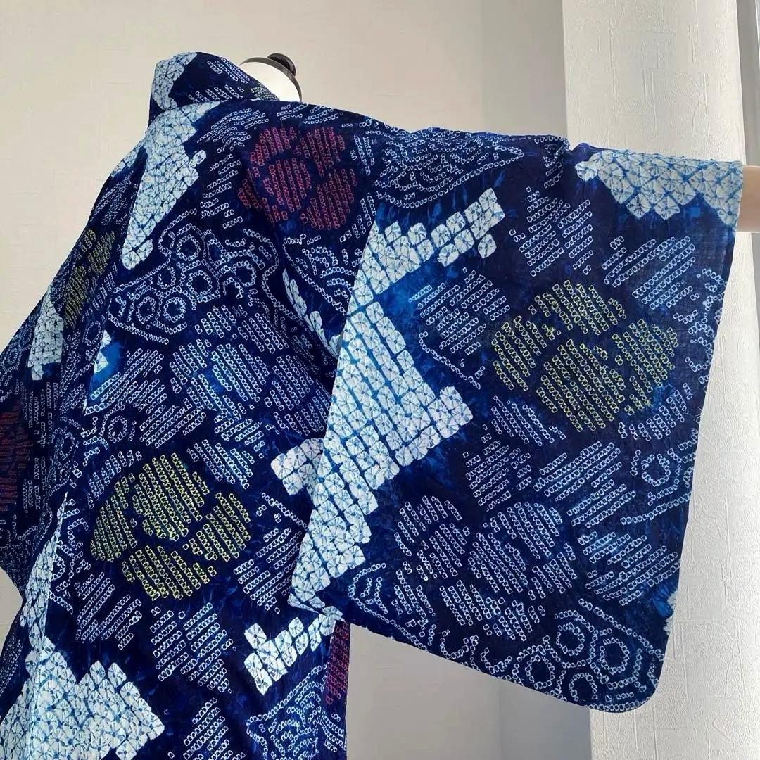 有松鳴海絞り・蜘蛛絞り浴衣　未使用しつけ付　手縫い　絞り浴衣　大輪花模様　N85