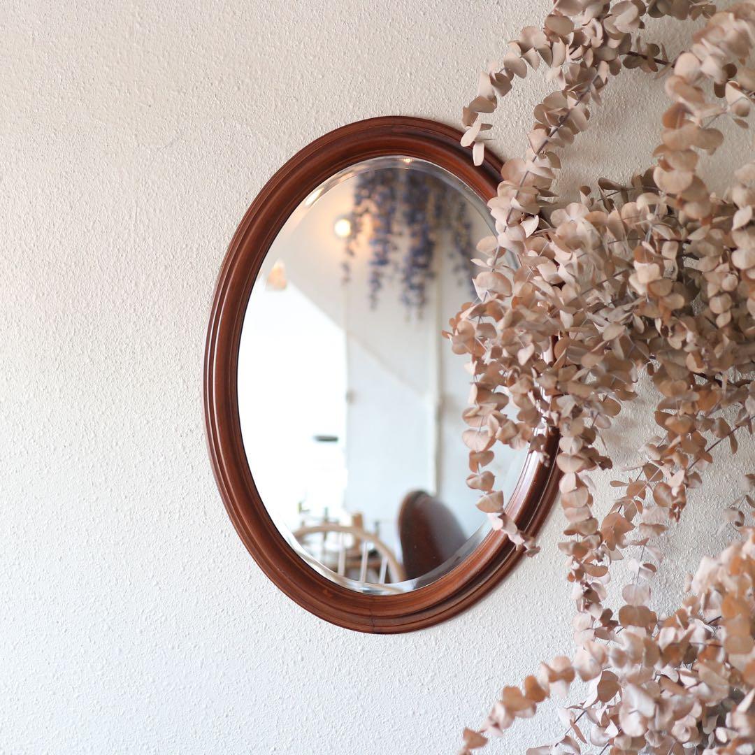 オーバル型 ウォールミラー　ブラウン 木製 楕円形 壁掛け鏡