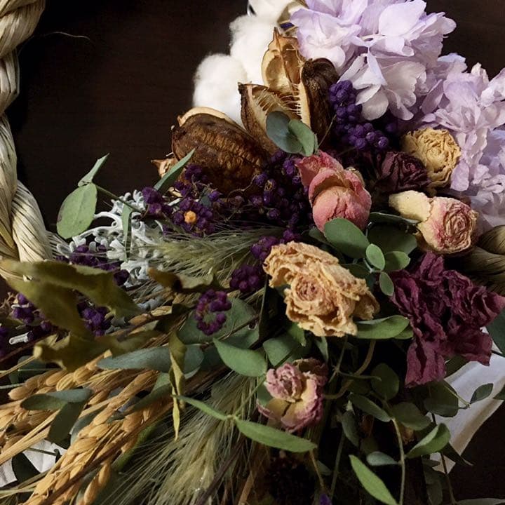 77自家栽培ドライ含む しめ縄飾り 正月 松飾り 注蓮 プリザーブド スワッグ