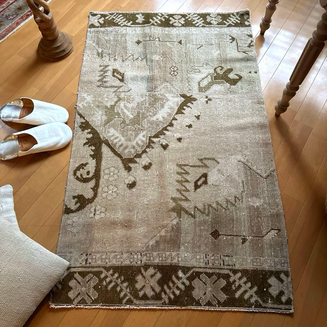 71×124ウール　ベージュ×ブラウン　パッチワーク　トルコヴィンテージラグ