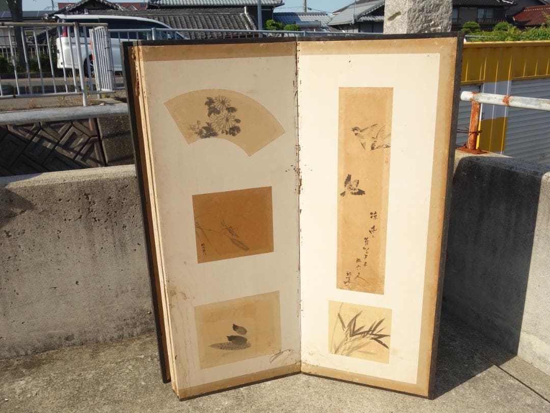 F▼屏風 扇面 まくり 貼り付け 色紙 和歌 掛け軸 六曲一隻 (30678)