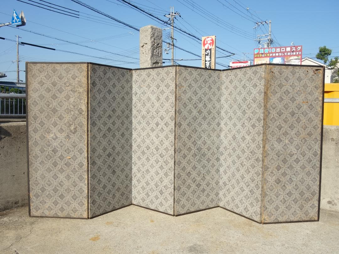 F▼屏風 扇面 まくり 貼り付け 色紙 和歌 掛け軸 六曲一隻 (30678)