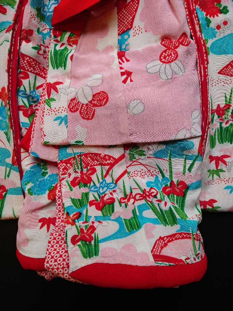 市松人形　お振り袖　着物と帯のセット　縮緬　古布　袷　本仕立て　15号52cm用