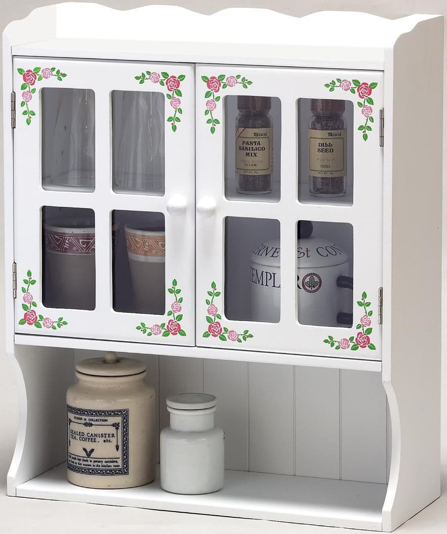 花柄キッチン収納上置きラック 2枚扉　薔薇柄