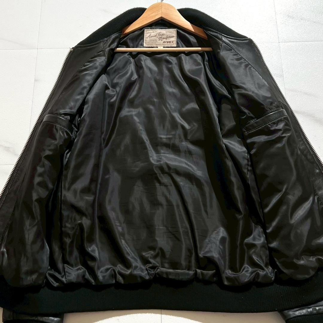 美品　AVIREX　フルレザー　スタジャン　バックロゴ　シープスキン　ブラック