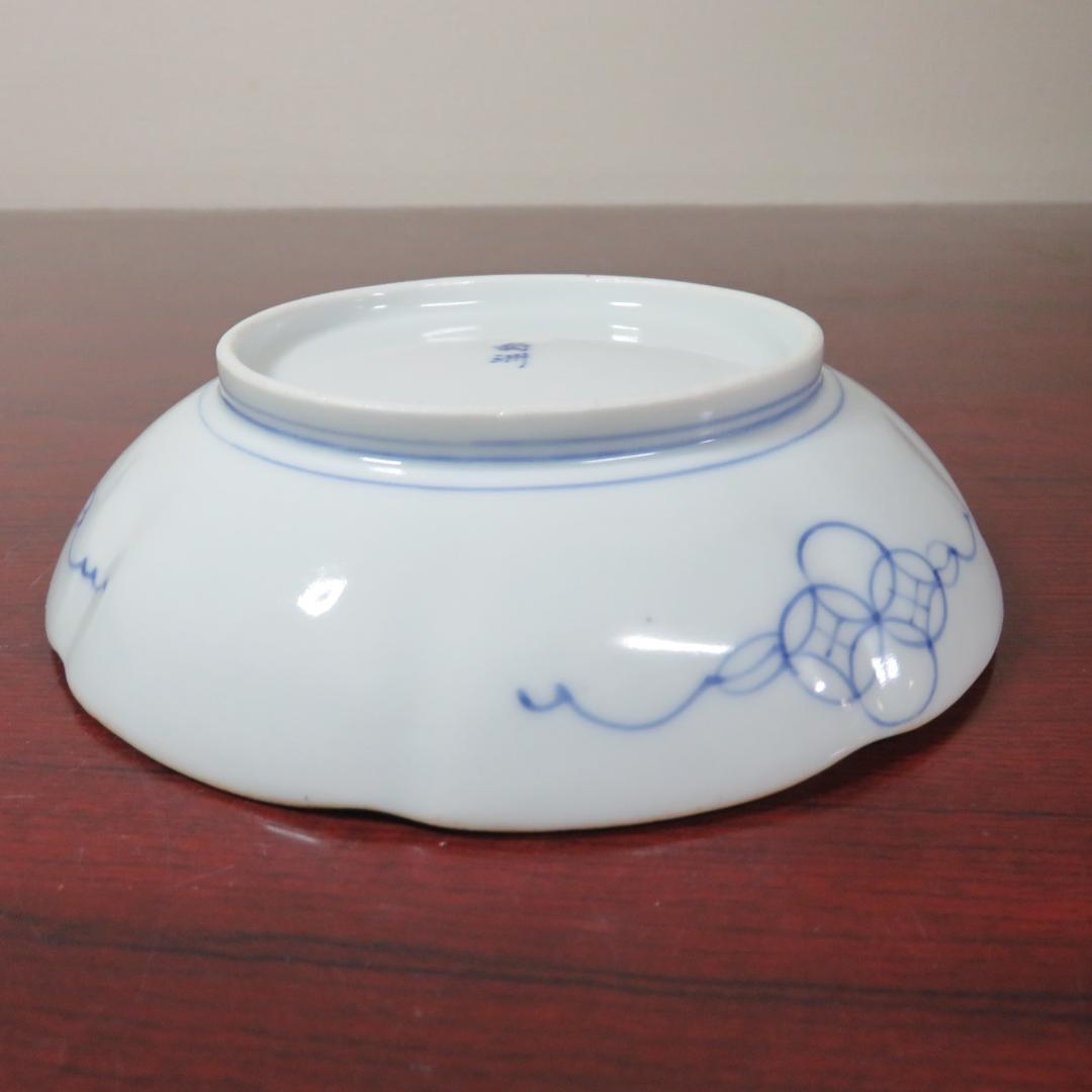 小皿 3枚 梅文様 花弁縁 染付 色絵付 茶縁 南州 明治 大正