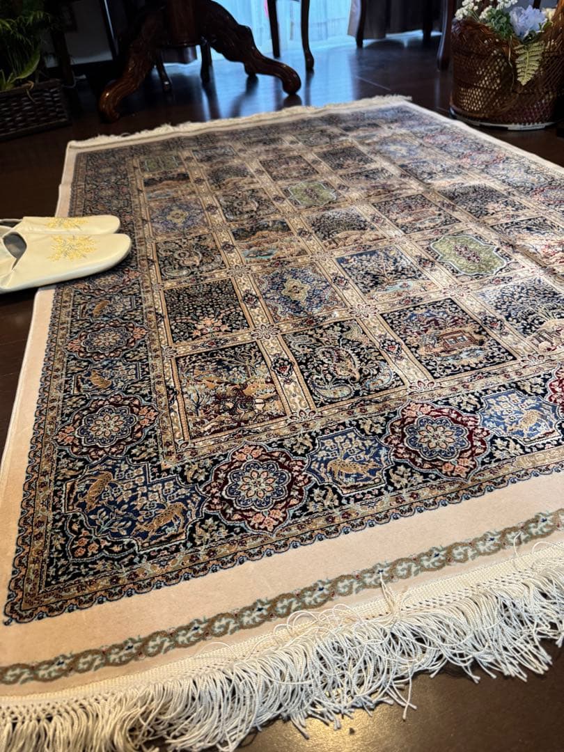 イラン製 ペルシャ絨毯 カシャーン 優雅な艶　高密度 ベージュ×ブルー