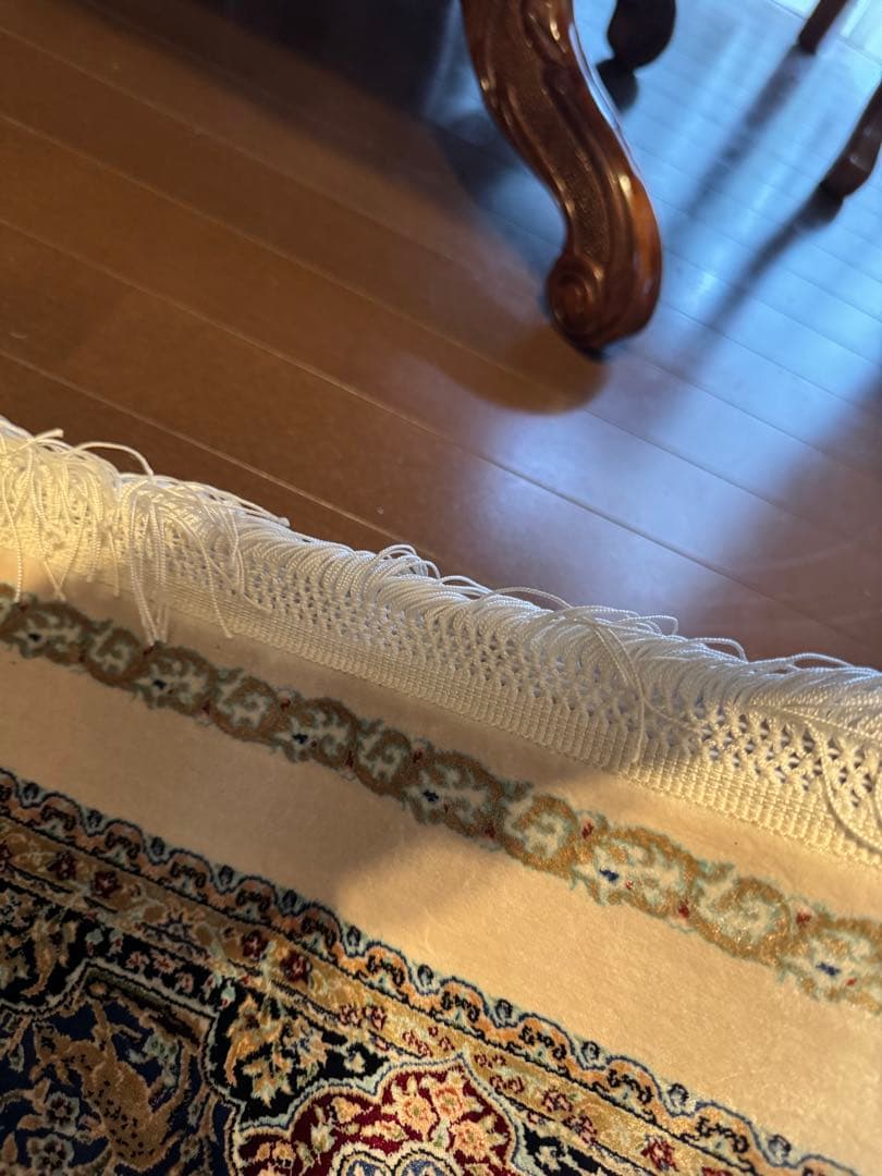 イラン製 ペルシャ絨毯 カシャーン 優雅な艶　高密度 ベージュ×ブルー