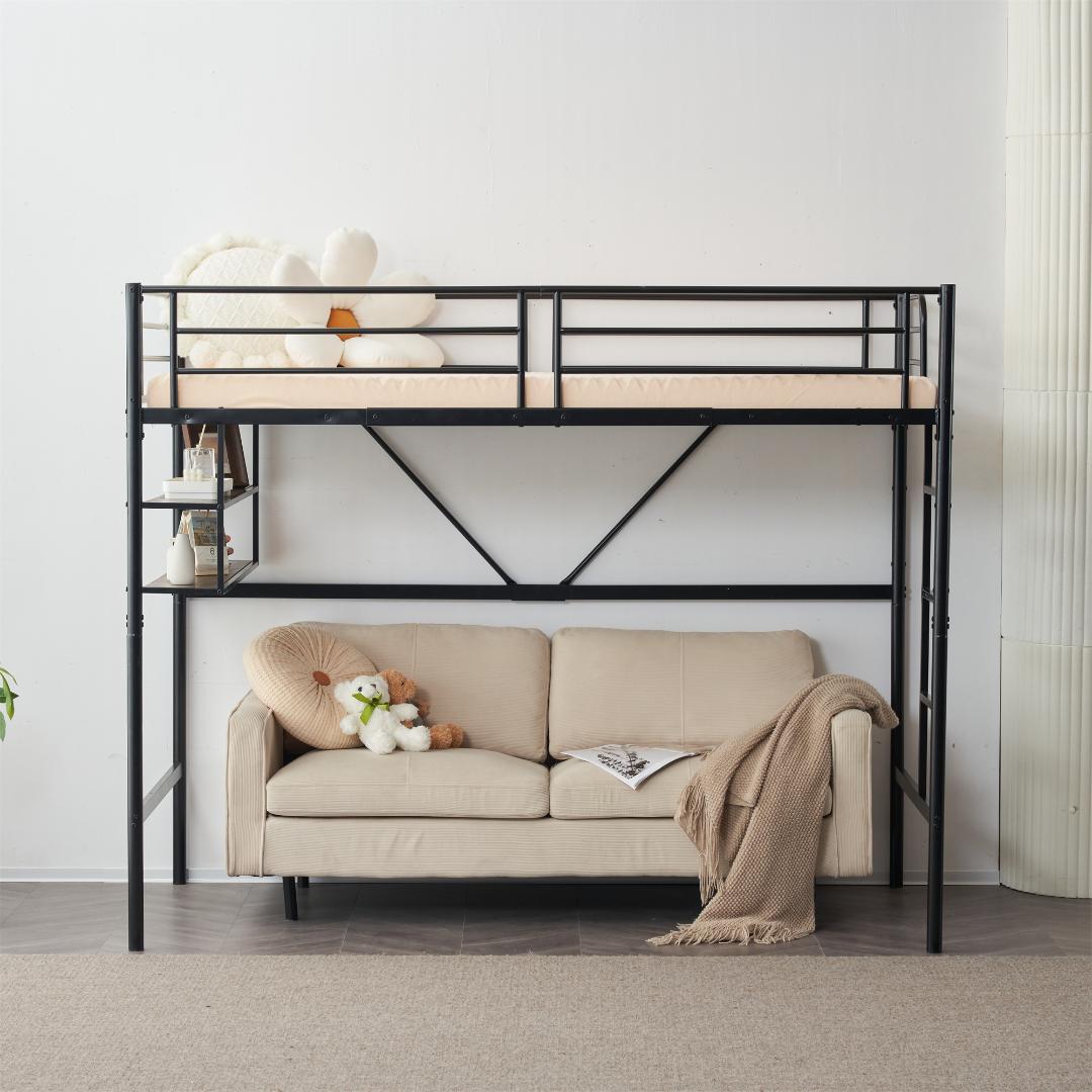 【ブラック】ロフトベッド パイプベッド サイド棚付き シングルベッド 木 収納