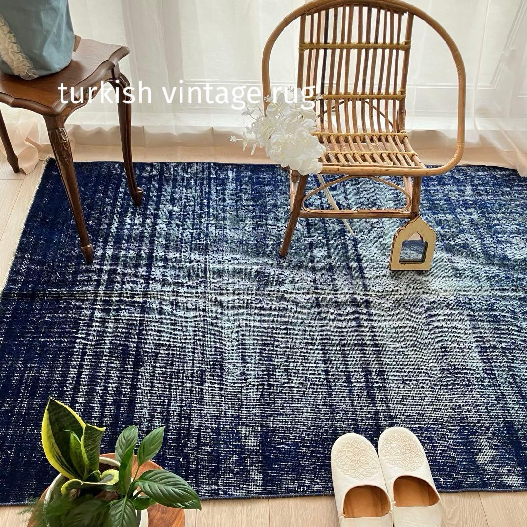 オーバーダイ109×205 デニム　グラデーションブルー　トルコヴィンテージラグ