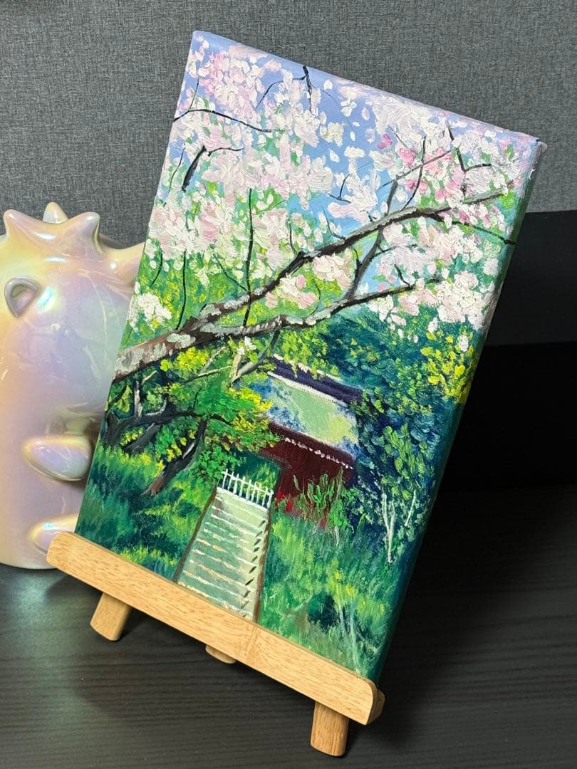 yue　「桜と寺」　手描き　油絵　風景画　原画　油彩画　印象派