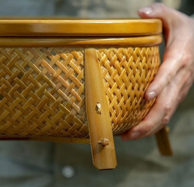 竹製円形茶器トレイ 竹編細工籠 収納する