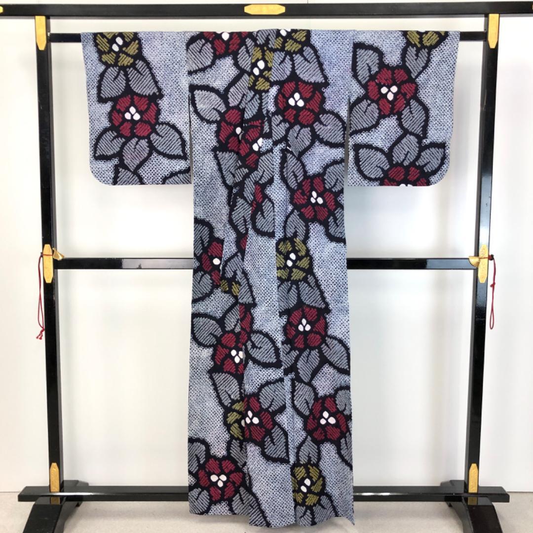 ☆ 夏着物 浴衣 有松鳴海本絞り 花柄模様 濃紺色 K-5090