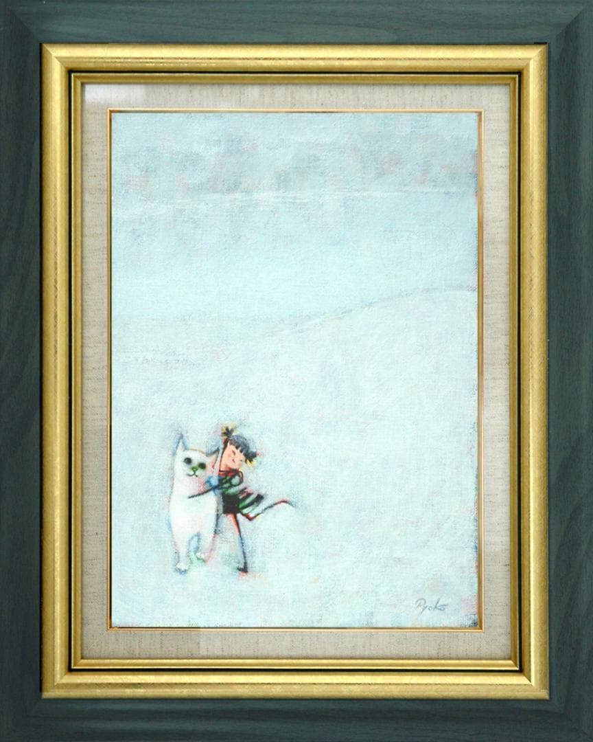 油絵 菅家令子 絵 絵画インテリア 額付(黒) F3-091918 子猫と女の子