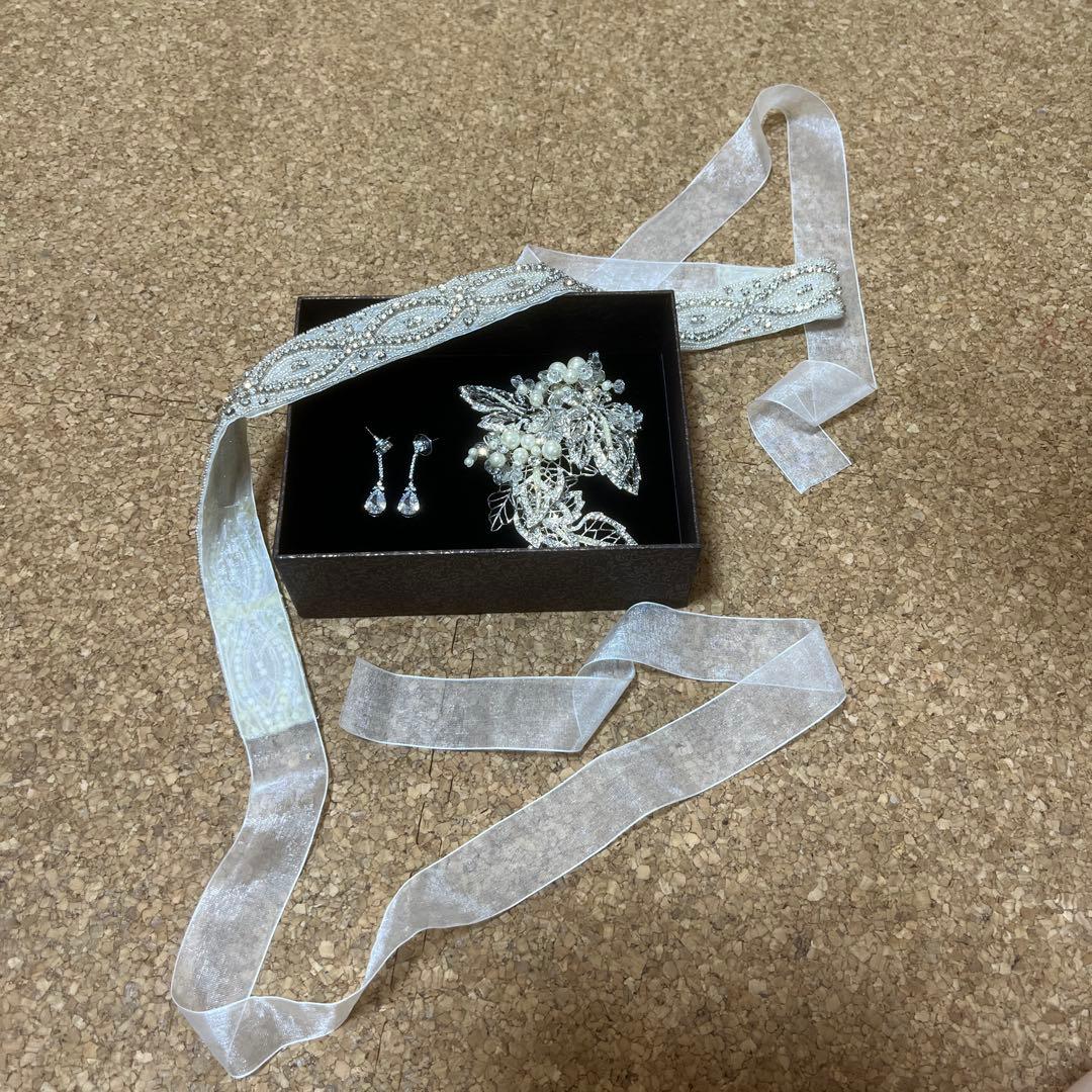 an様 ヴェラウォン風バレリーナウェディングドレスサッシュベルト ヘア飾りピアス