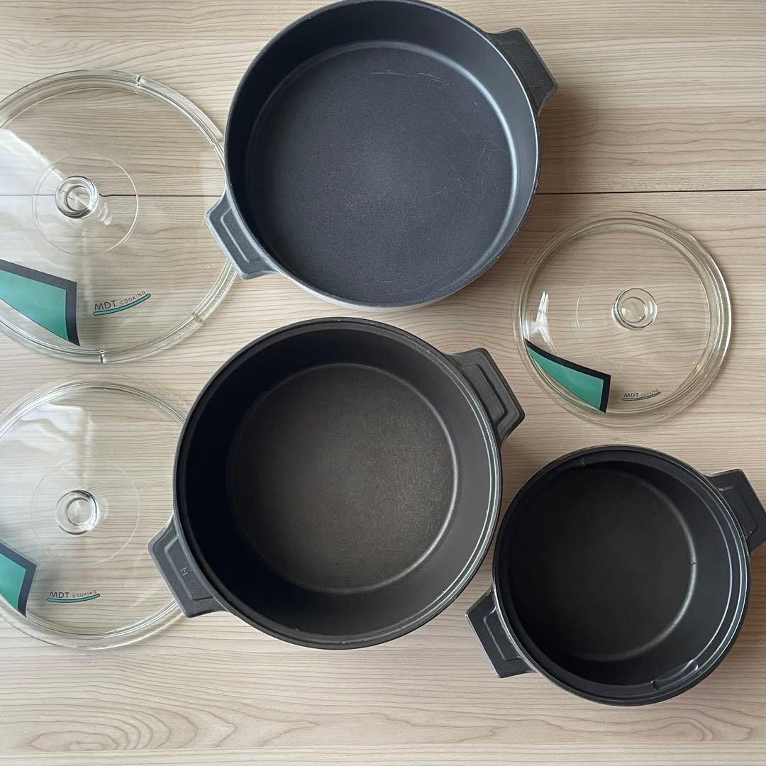 MDT鍋セット　3サイズ　ガラス蓋付き　（おまけ付き）