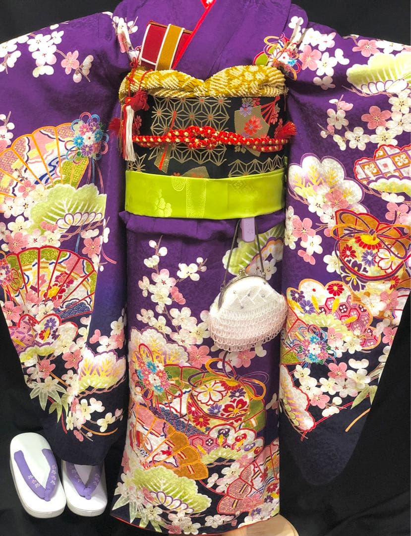 【正絹】 七五三　7歳　絵羽　紫　着物　四つ身　作り帯　セット　女の子