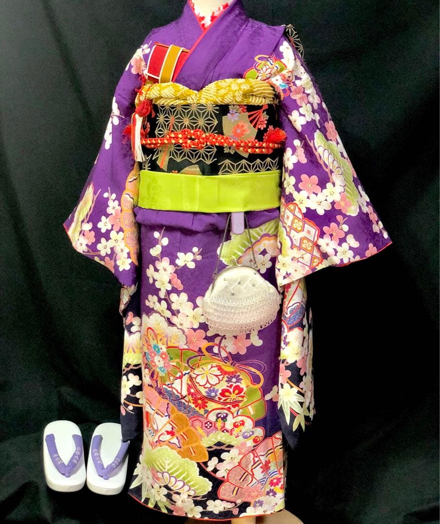 【正絹】 七五三　7歳　絵羽　紫　着物　四つ身　作り帯　セット　女の子
