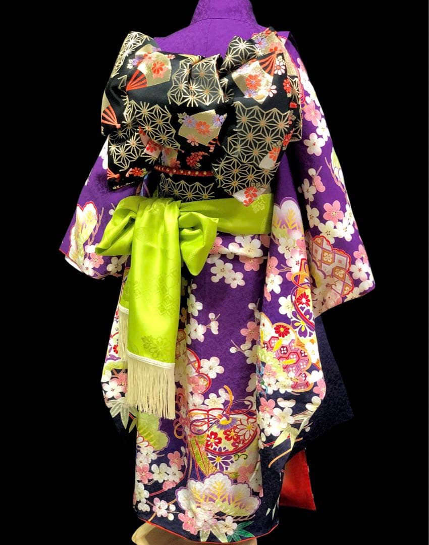 【正絹】 七五三　7歳　絵羽　紫　着物　四つ身　作り帯　セット　女の子