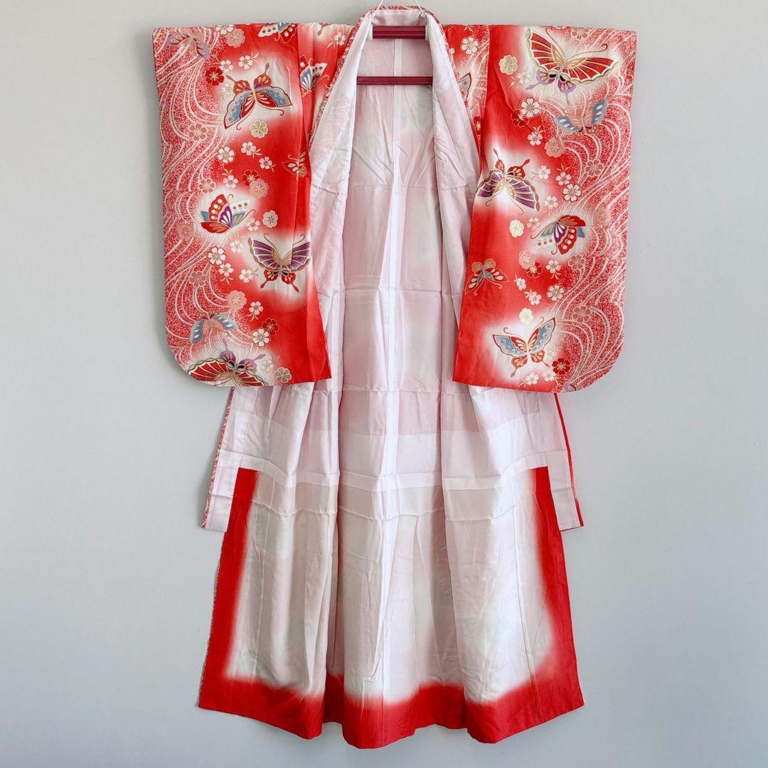 フルセット　七五三７歳女の子　赤地蝶桜　緑地袋帯　源氏車　簡単半衿　7105