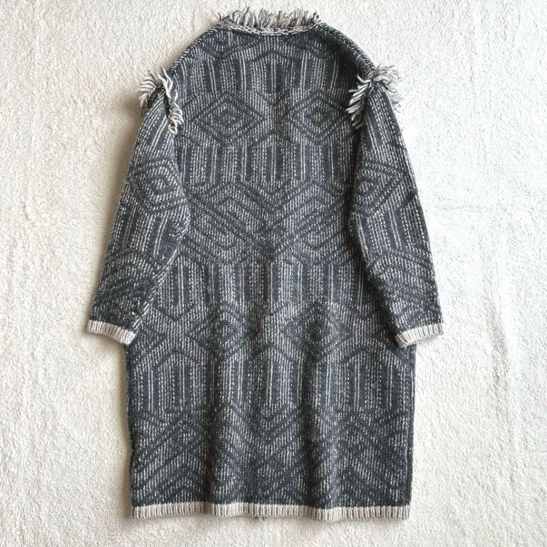 美品 スキャパ SCAPA フリンジ付き幾何学模様 ニットカーディガン 44