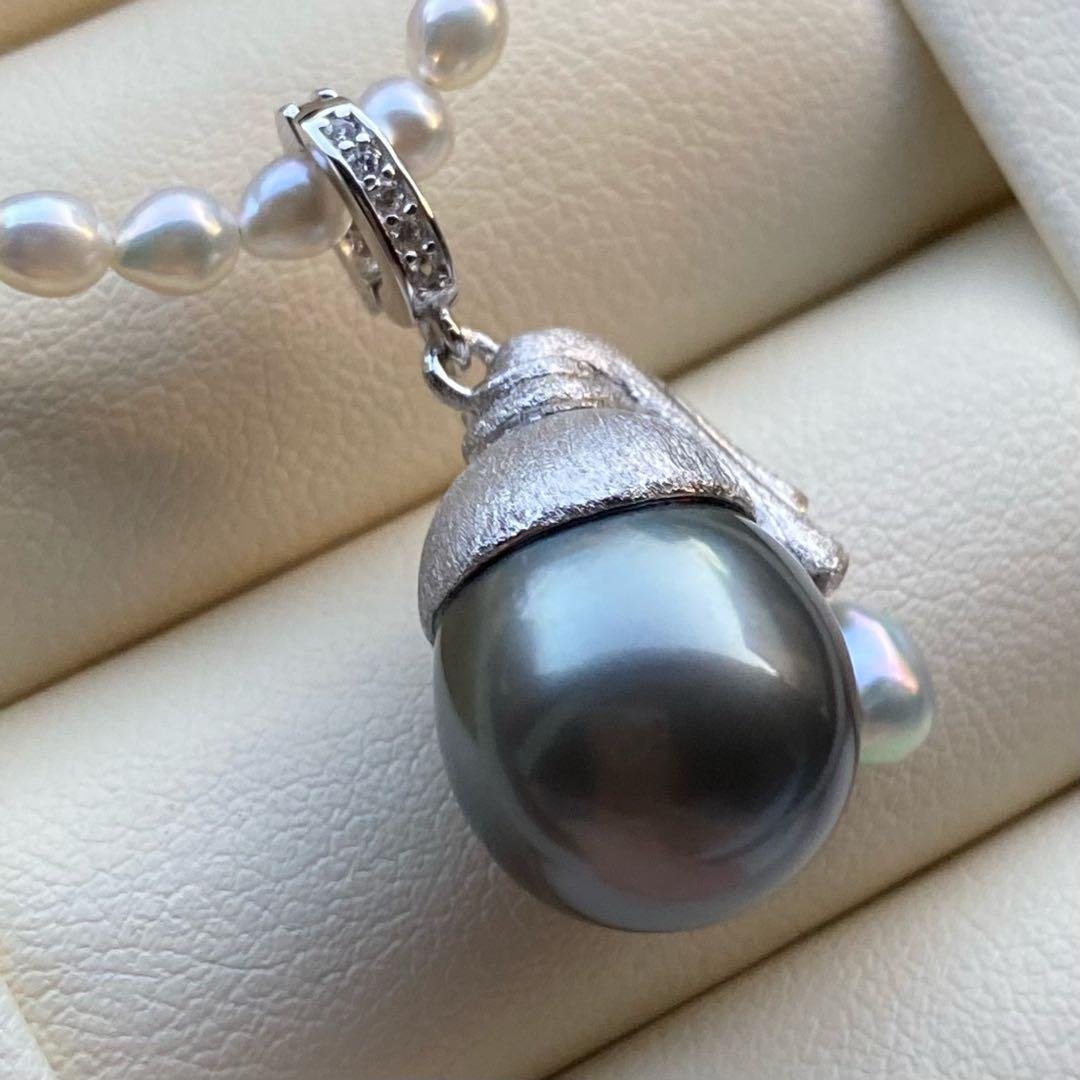 本真珠　南洋黒蝶真珠&あこや真珠ネックレストップ12mmダークグリーンPT826