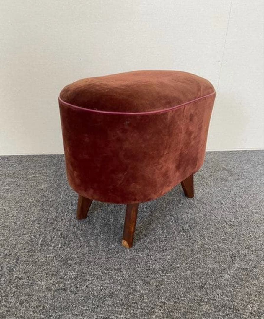 レトロ スツール 腰掛 モケット地 ワインカラー 木製脚 中古品