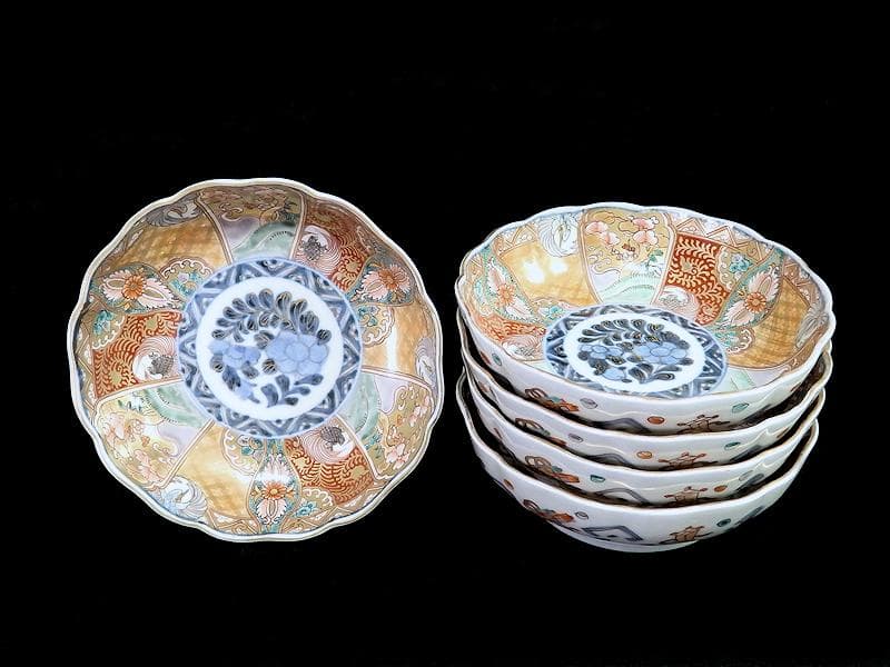 古伊万里　金襴手　松竹梅に鶴亀の図　膾皿　５客　D942AS-BNu