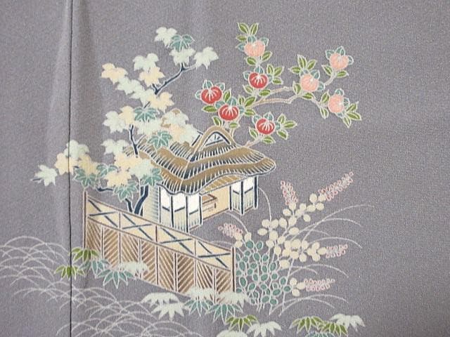 訪問着：美品：菖蒲と花と民家と舟と庭園：淡いグレー着物：袷正絹：P29