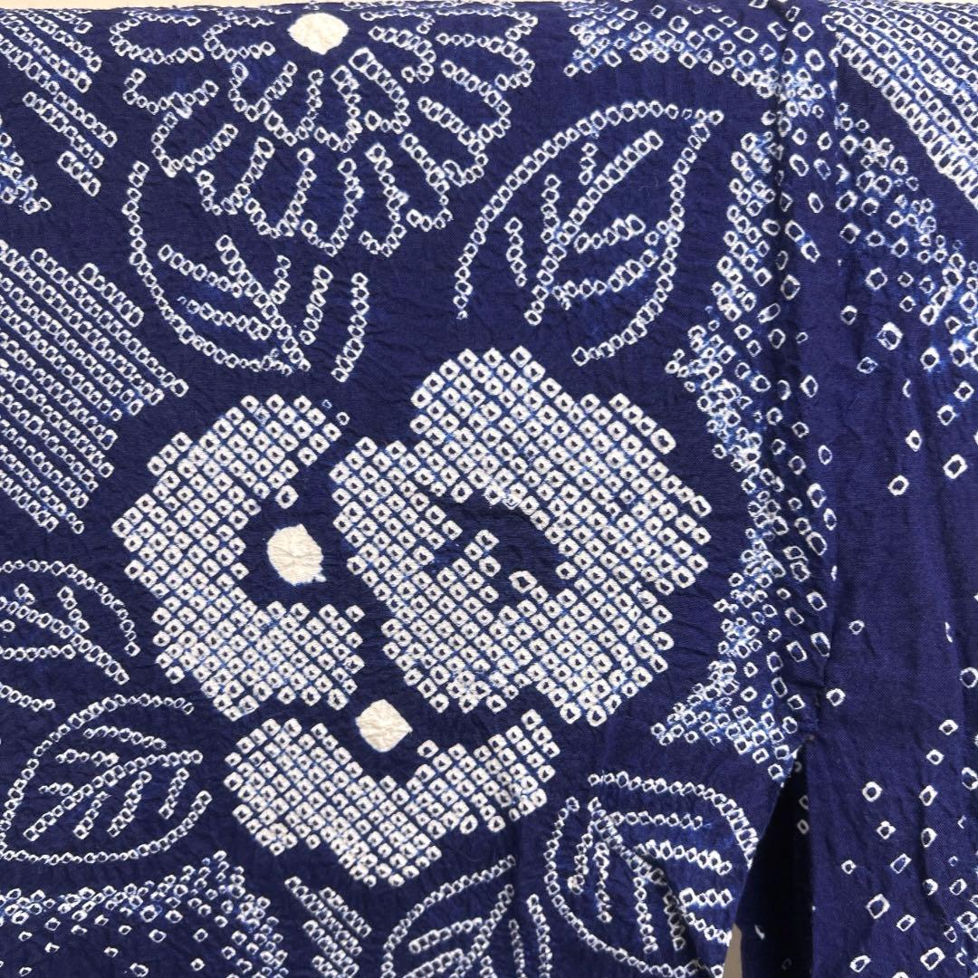 浴衣　有松鳴海絞り　菊　椿　流水　藍染　ネイビー　着物　064a d