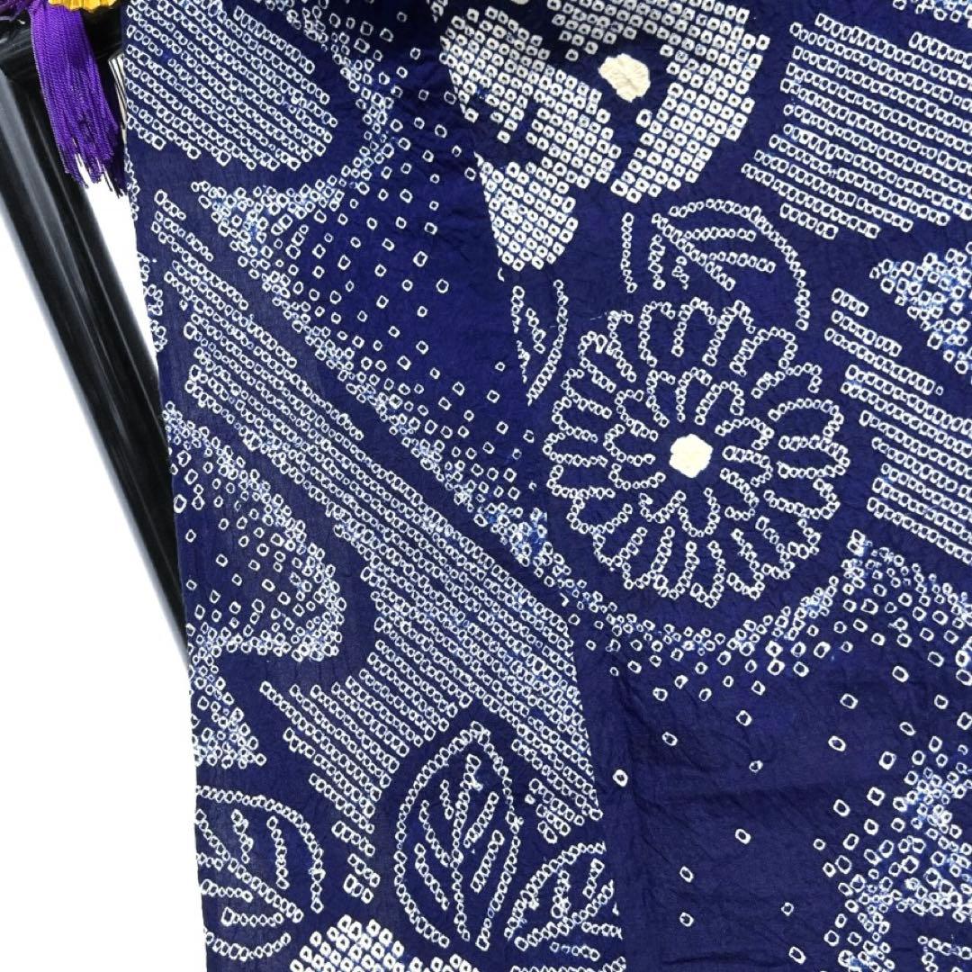 浴衣　有松鳴海絞り　菊　椿　流水　藍染　ネイビー　着物　064a d