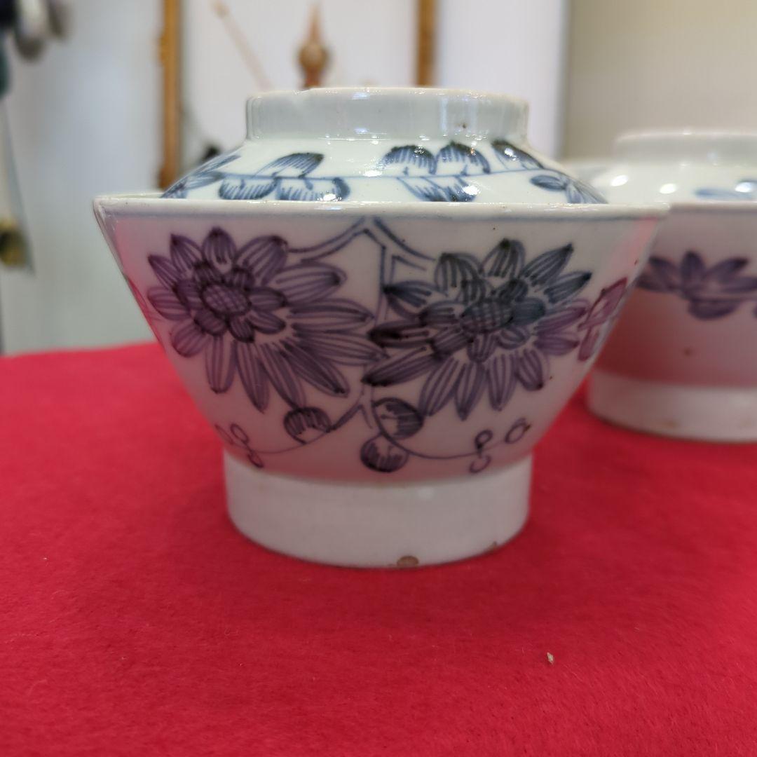 骨董　古伊万里　染め付け　蓋付き碗　煮物碗　飯碗　4つ