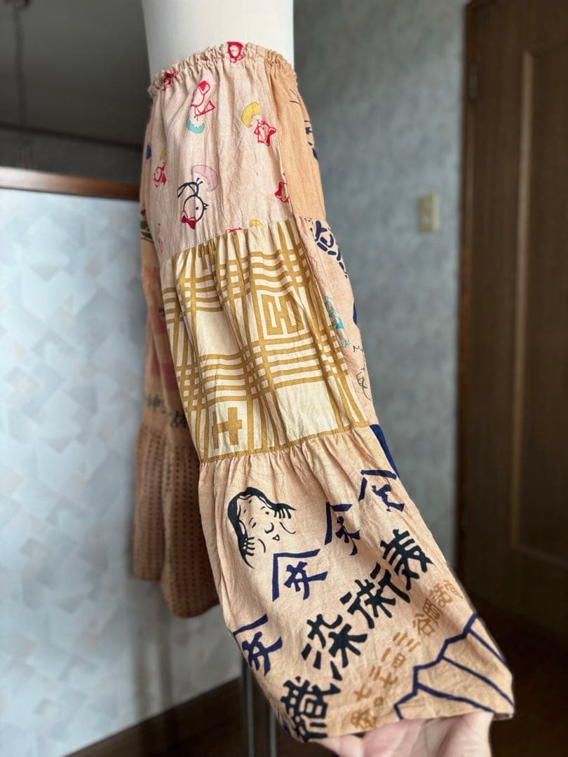 柿渋染め手ぬぐいの3段ティアードパンツ　浴衣リメイク　ゾウ　おかめ　祭り半纏