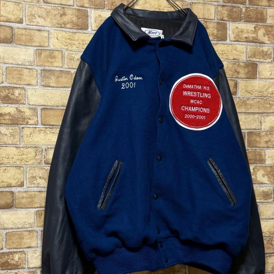 NEFF　ネフ　USA製　袖革ウールスタジャン　レザー　ビッグシルエット3XL.